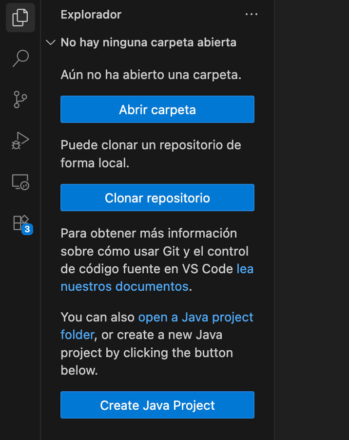 VS Code interface completely in Spanish showing 'Explorador', 'Abrir carpeta', 'Clonar repositorio' buttons