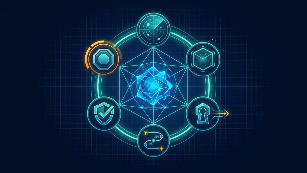 Six linked security outcome rings surrounding an enterprise AI agent control plane