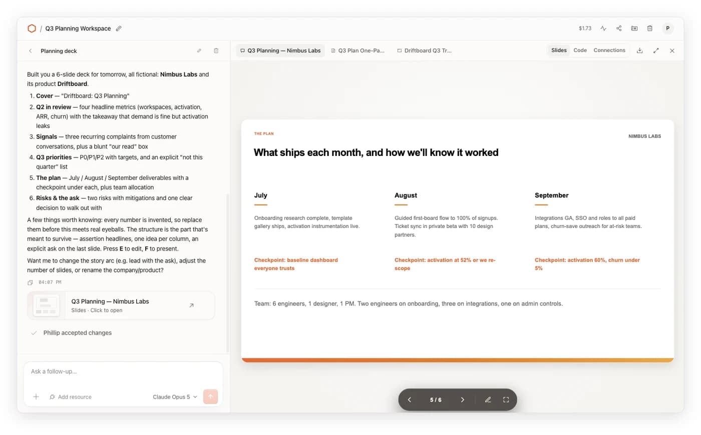 Cloudflare OS workspace showing an agent conversation beside an AI-generated planning slide deck