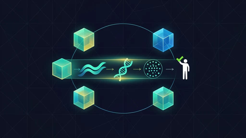 Abstract validation pipeline connecting scientific data symbols, statistical checks, software modules, and human approval