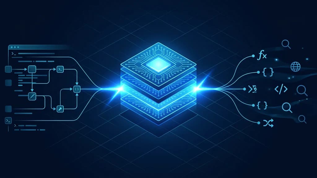 Glowing AI model core connecting a coding-agent workflow to API function, code, search, and routing tools