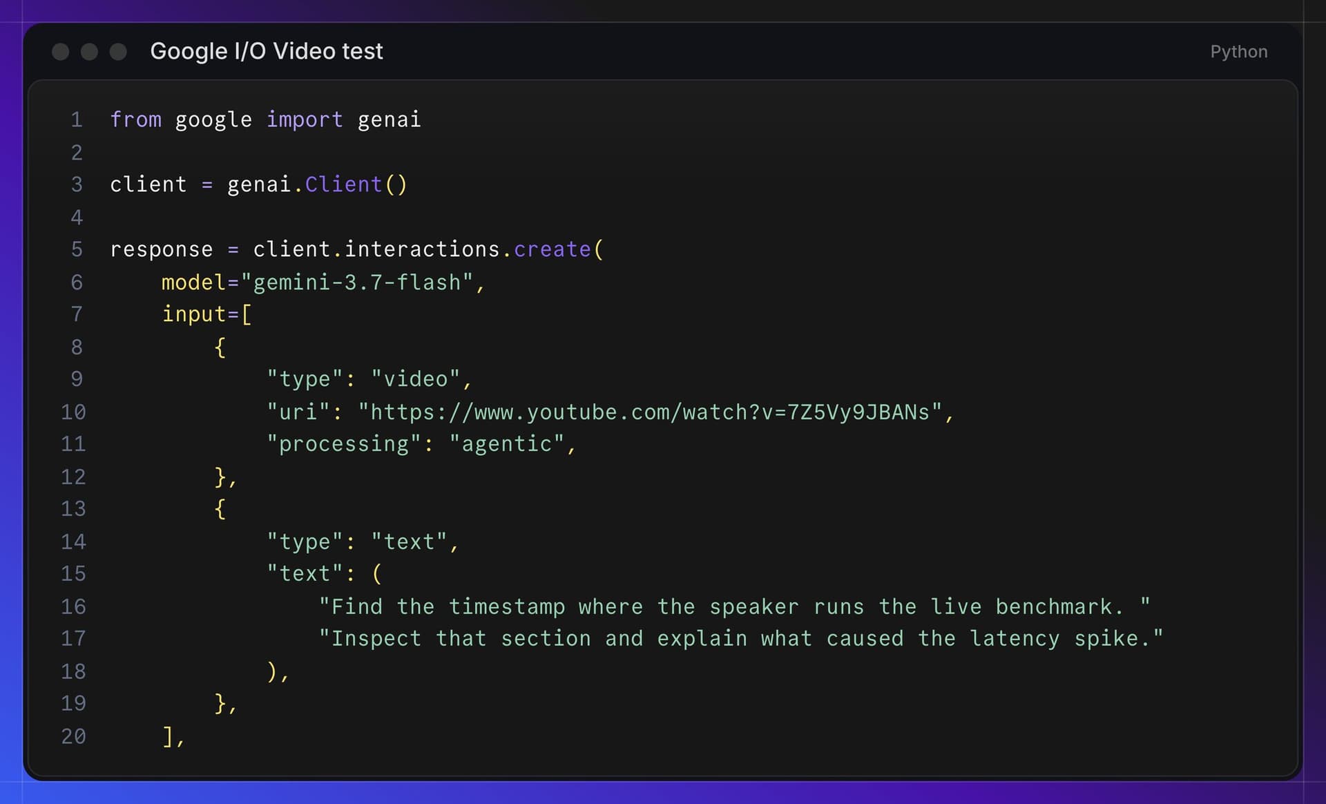 Official diagram of the agentic video workflow: a video and prompt enter Gemini, which loops through Observation and Think stages while calling get_transcript, get_frames(start, end, fps), and get_audio(start, end) tools before producing text output.