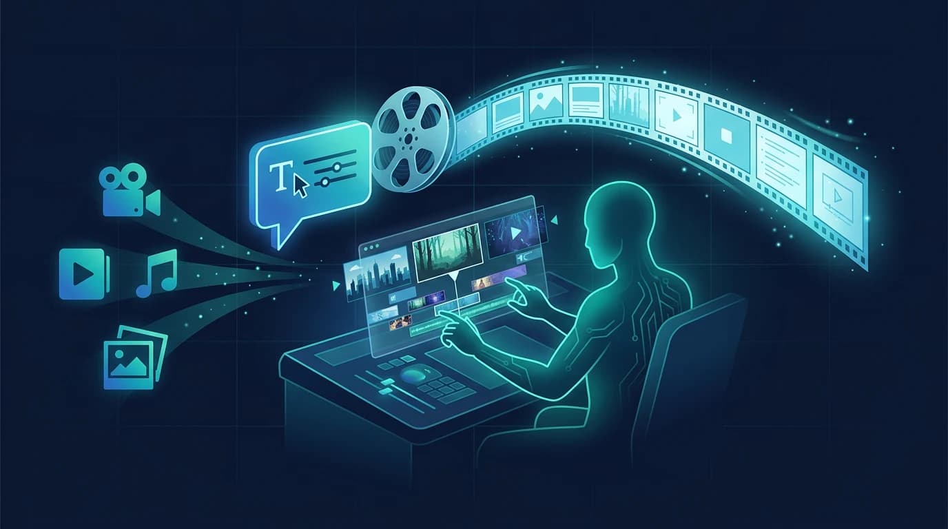 An editor at a video console where chat instructions turn a film reel into a storyboard, with camera, music, and photo inputs feeding the timeline