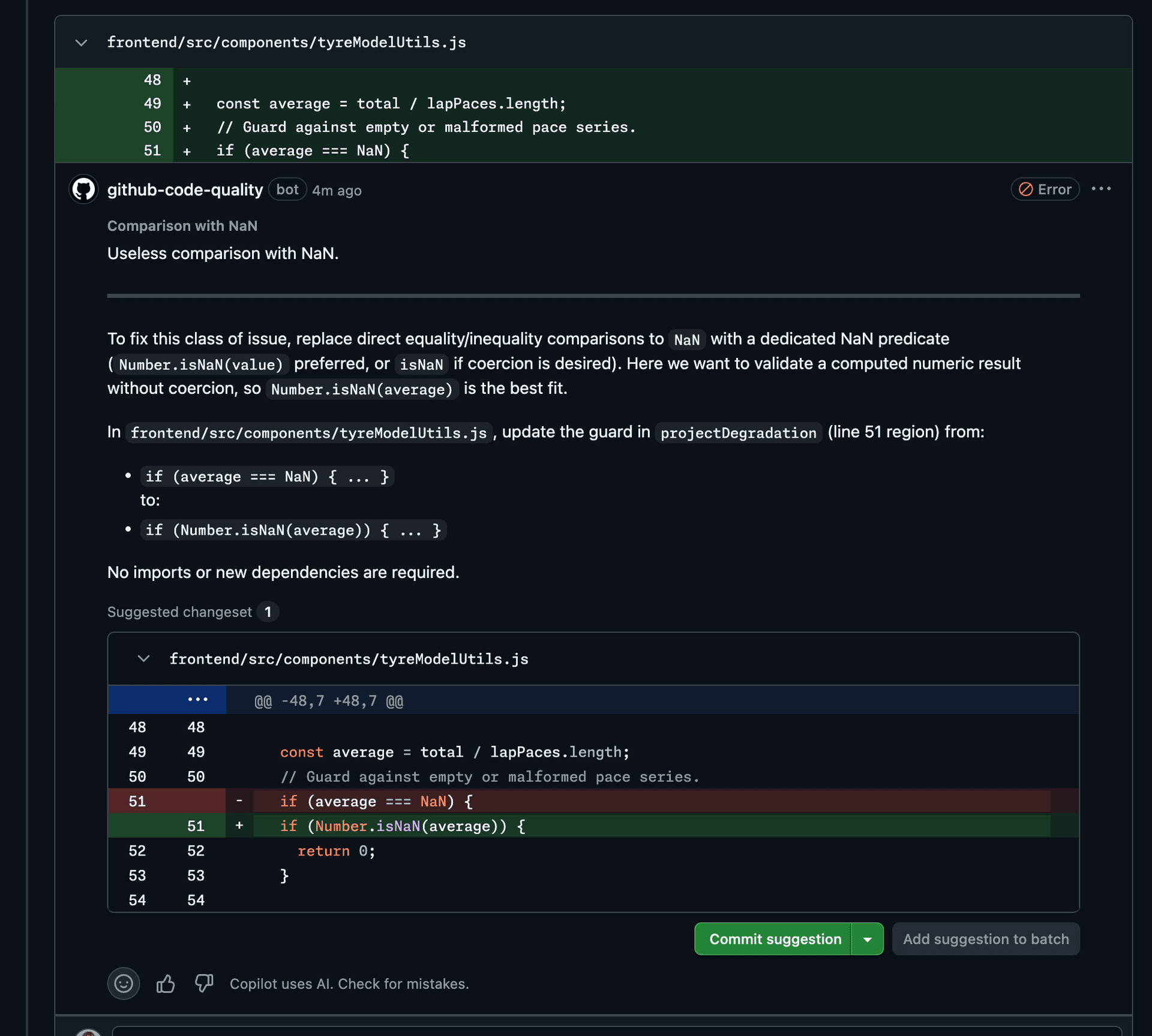 Official GitHub Code Quality pull-request comment flagging a comparison with NaN and proposing Number.isNaN in a suggested changeset