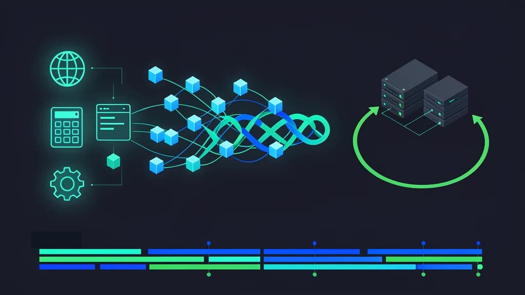 Dark diagram of tool environments feeding concurrent trajectory streams into grouped rollout servers above a multicolor training timeline