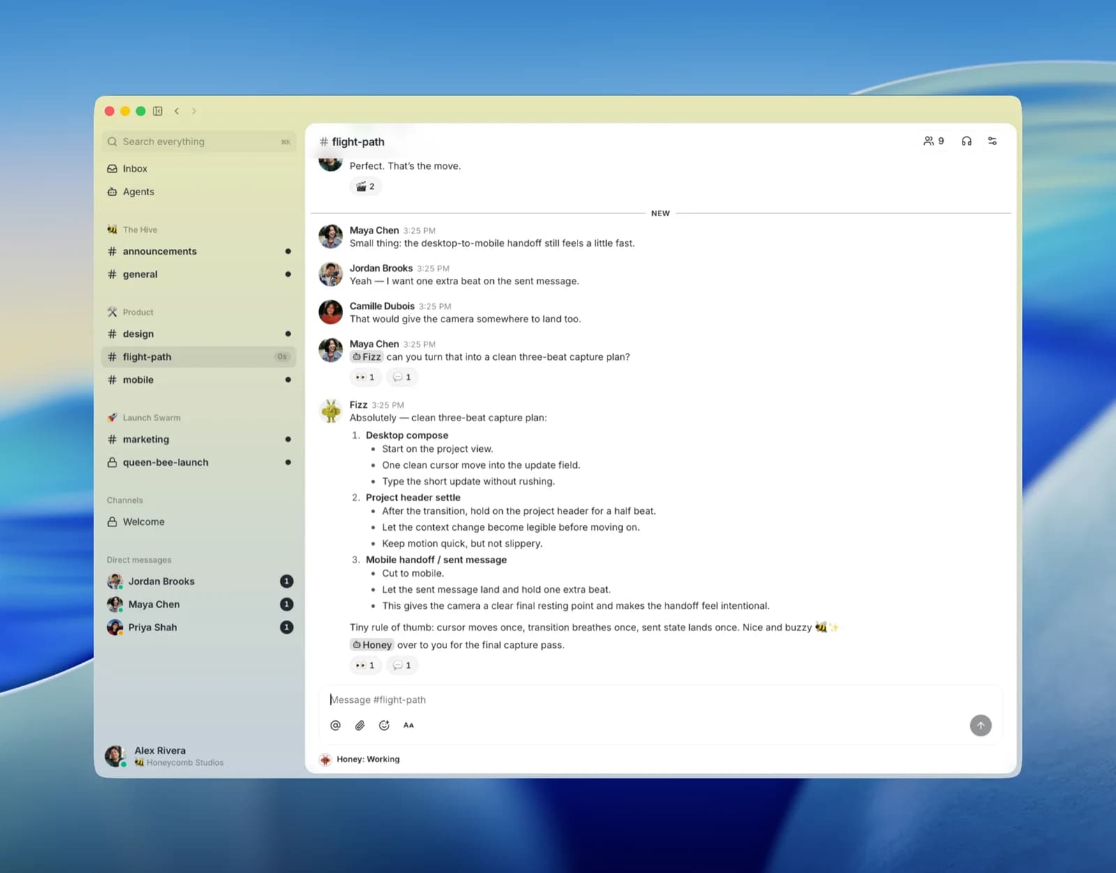 Official Buzz screenshot showing human and agent messages organized in a channel thread