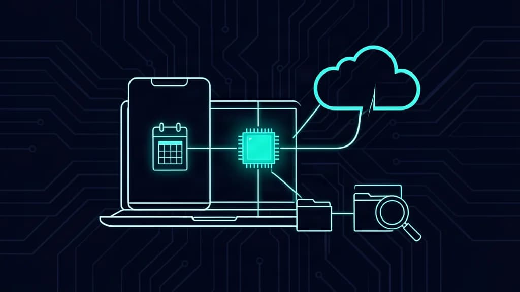 Phone and laptop linked to a local processor and abstract tools beside an optional cloud connection