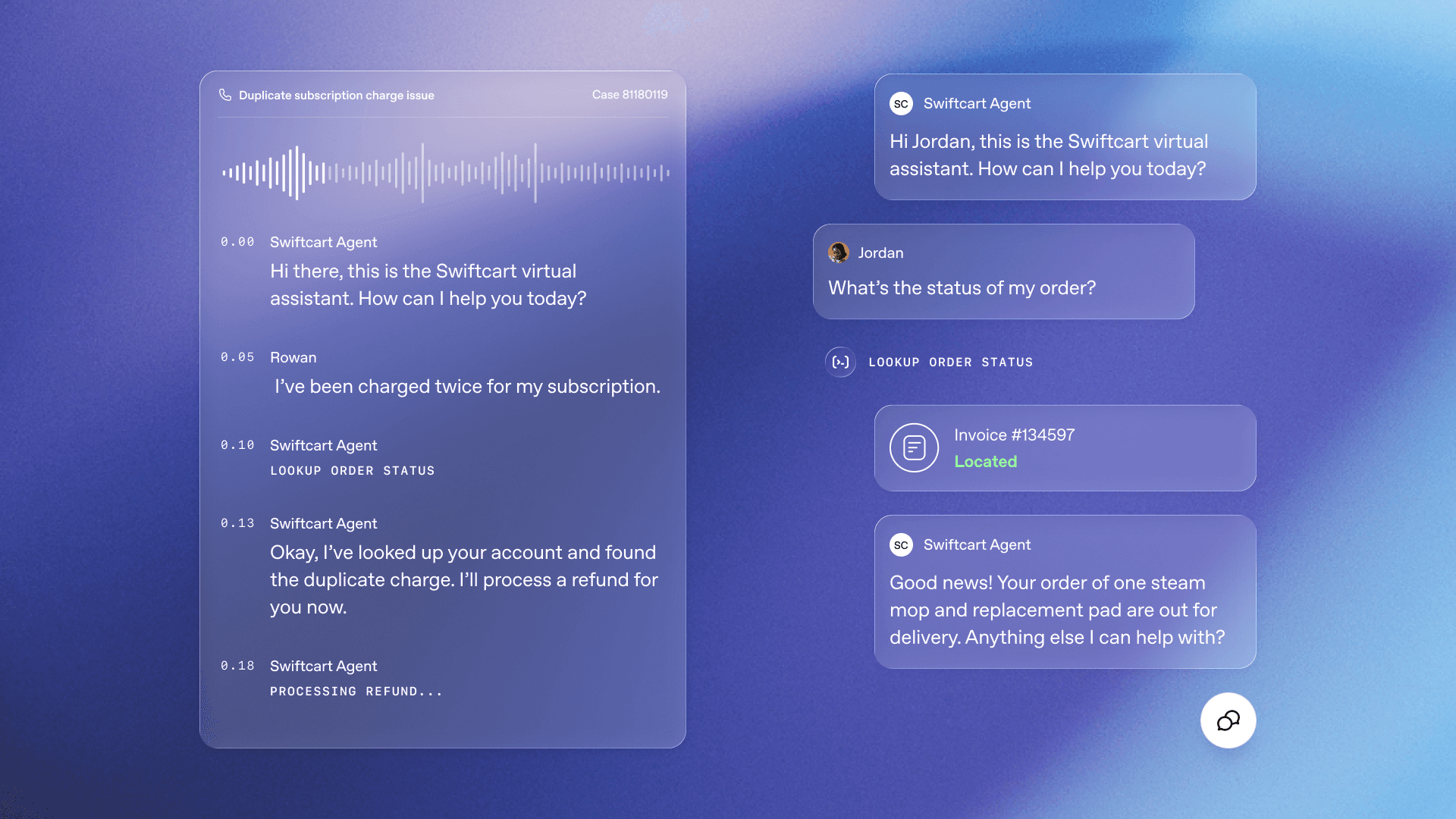 OpenAI Presence interface showing a customer-support conversation and a related company-tool action