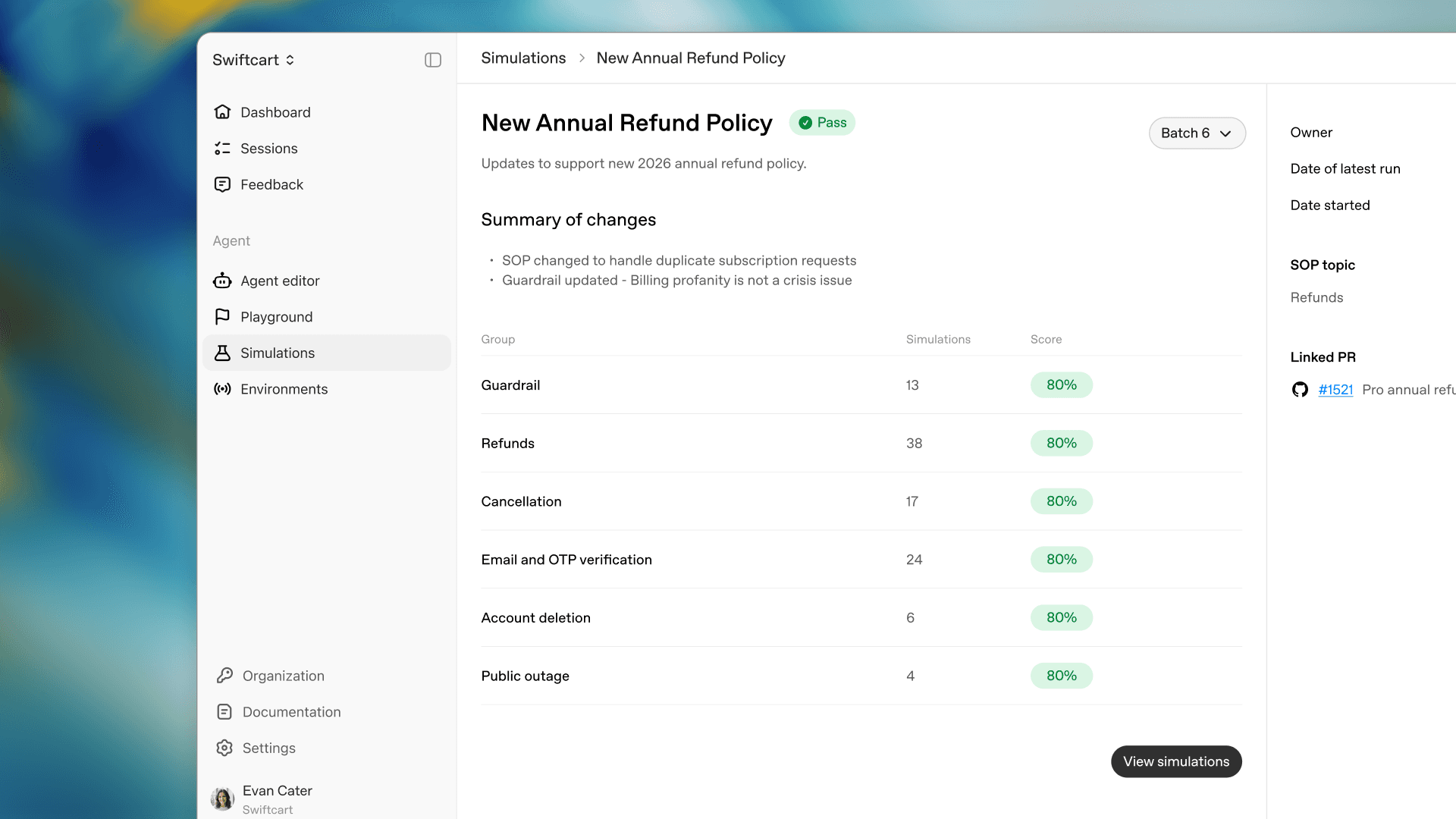Official OpenAI Presence interface showing simulation results for an annual-refund policy