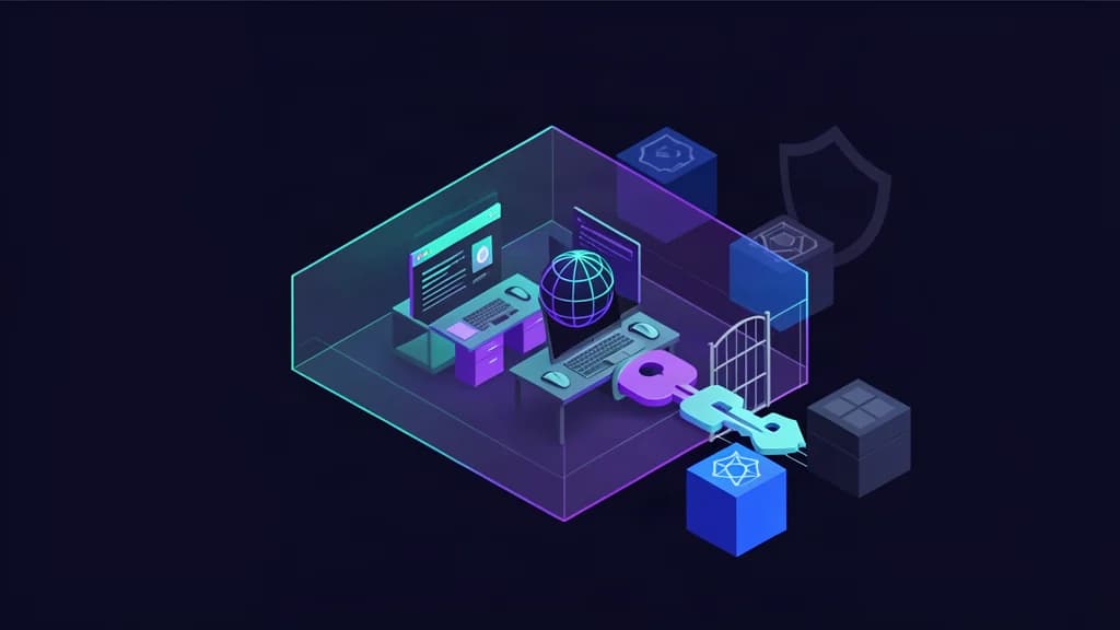 Two computers inside a transparent secure sandbox with a network globe, gate, key, and shield shapes