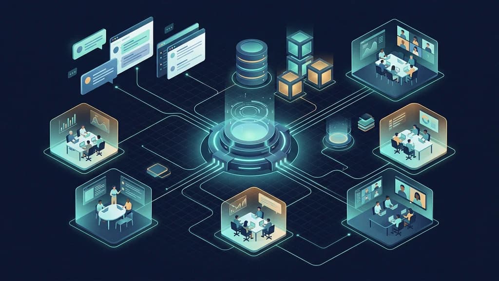 Central agent service connecting isolated employee and shared-room workspaces to chat, web panels, durable storage, and sandbox cubes
