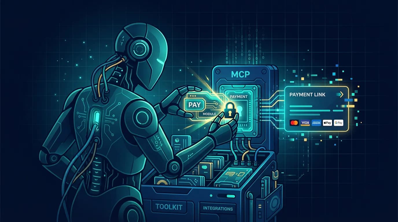 Illustration of an AI agent wiring a payment module into its toolkit through an MCP socket, with a restricted-key lock glyph and a checkout card appearing