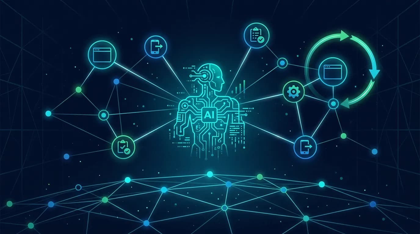 Illustration of a constellation map of QA tool nodes orchestrated by a central AI agent, with a self-healing loop drawn as a glowing circular arrow