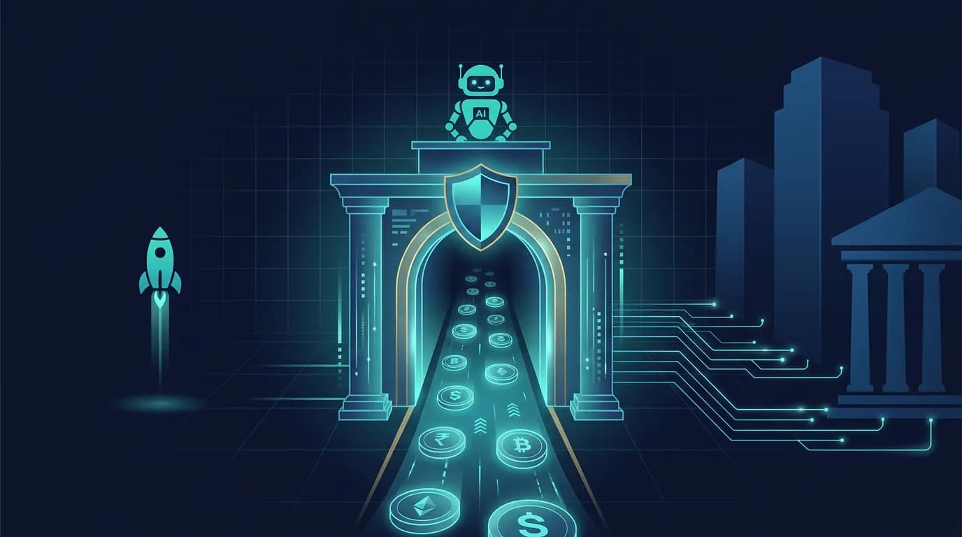 Illustration of a guarded vault gateway where payment tokens flow past a small AI agent checkpoint, a startup rocket on one side and large bank towers on the other