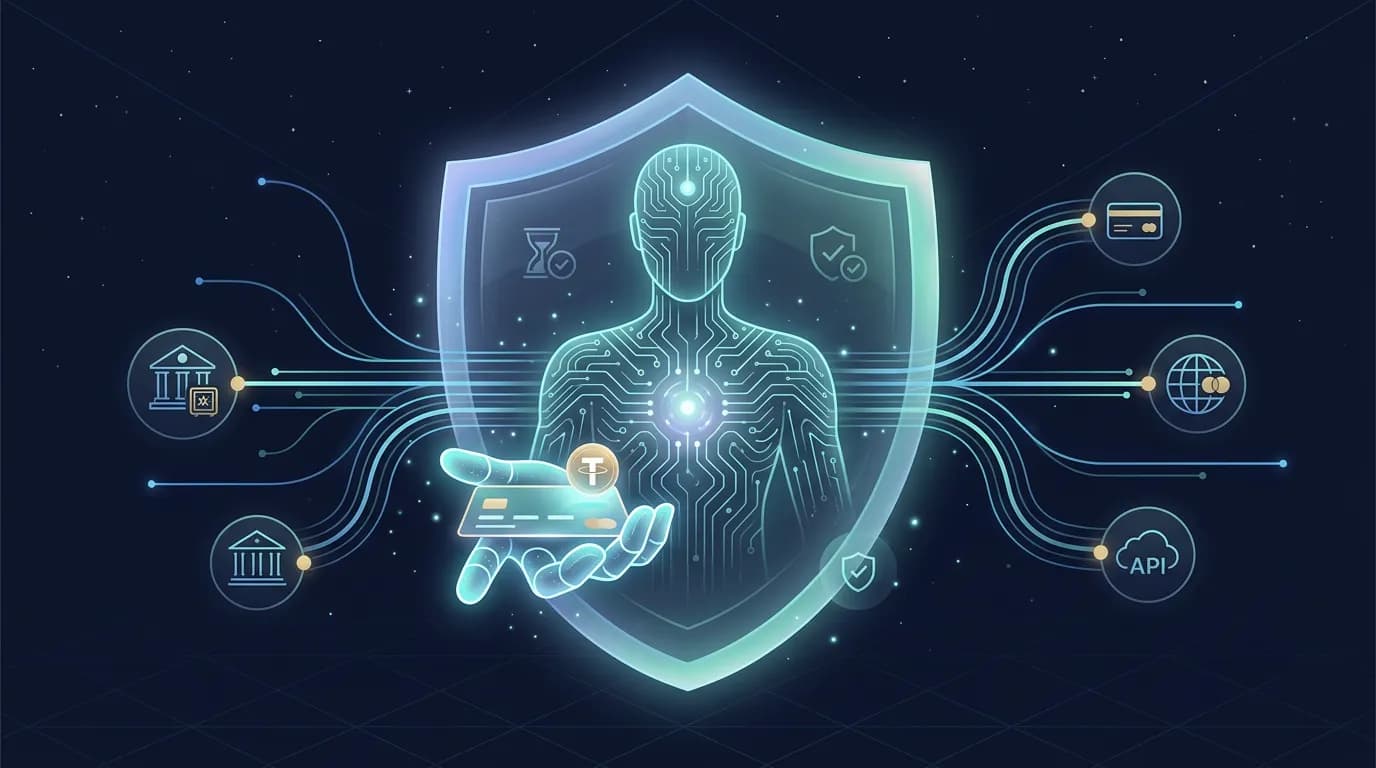 Illustration of an AI agent holding a payment card inside a policy guardrail ring, connected to bank, card-network, and API nodes