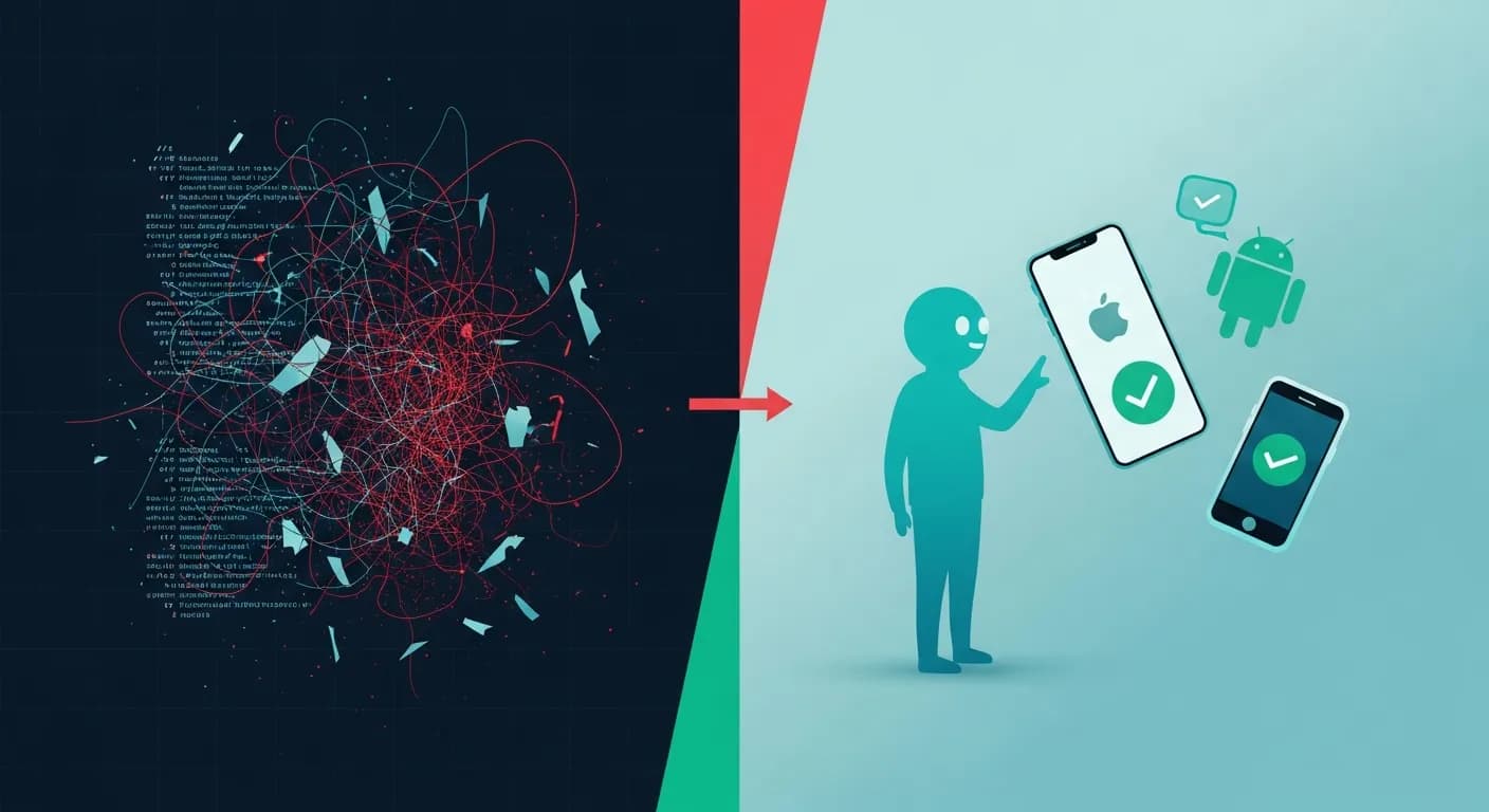Illustration of brittle red test scripts crumbling on one side and a teal AI agent calmly tapping iOS and Android phones with green checkmarks on the other