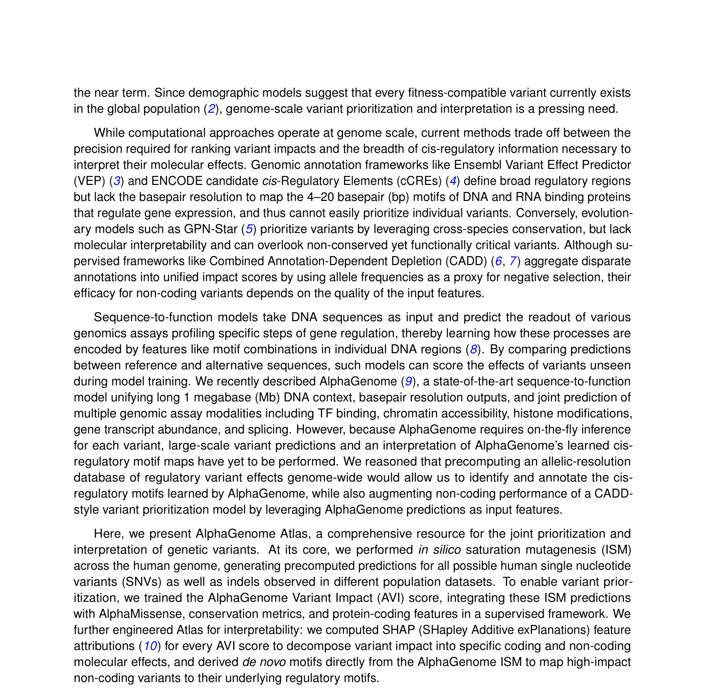 Figure 1 from the AlphaGenome Atlas preprint: the technical overview showing genome-wide precomputed variant effects, the AVI score with feature attributions, and the linked motif compendium.