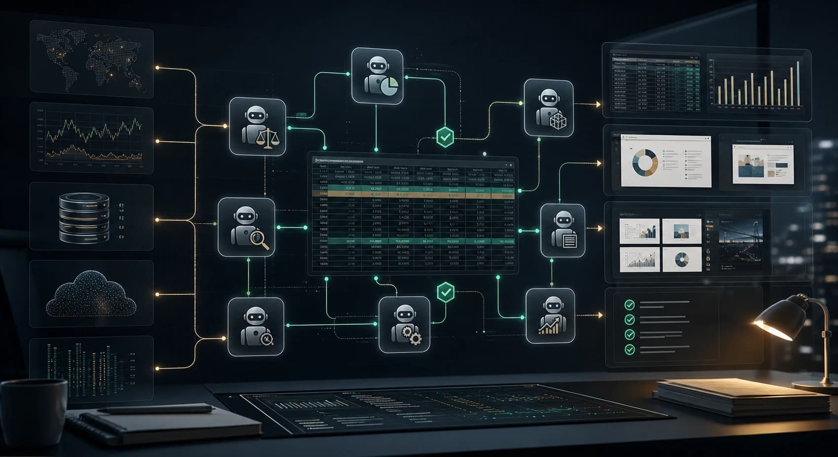 Anthropic financial services guide hero showing finance workflow agents, MCP data connectors, spreadsheets, and human review gates