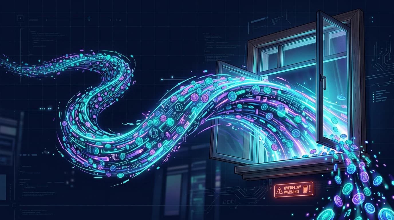Editorial illustration of the 1M-token context window in Antigravity: a vast token stream flowing through a window with an overflow warning.