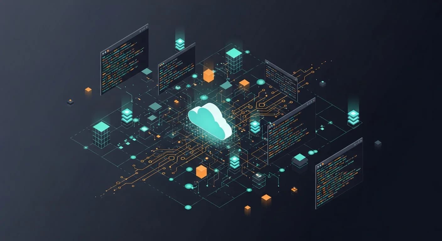 Editorial illustration of the Antigravity CLI: a dark terminal window with glowing Go gopher motif, agent silhouettes, and connection lines to a separate desktop application window representing Antigravity 2.0.