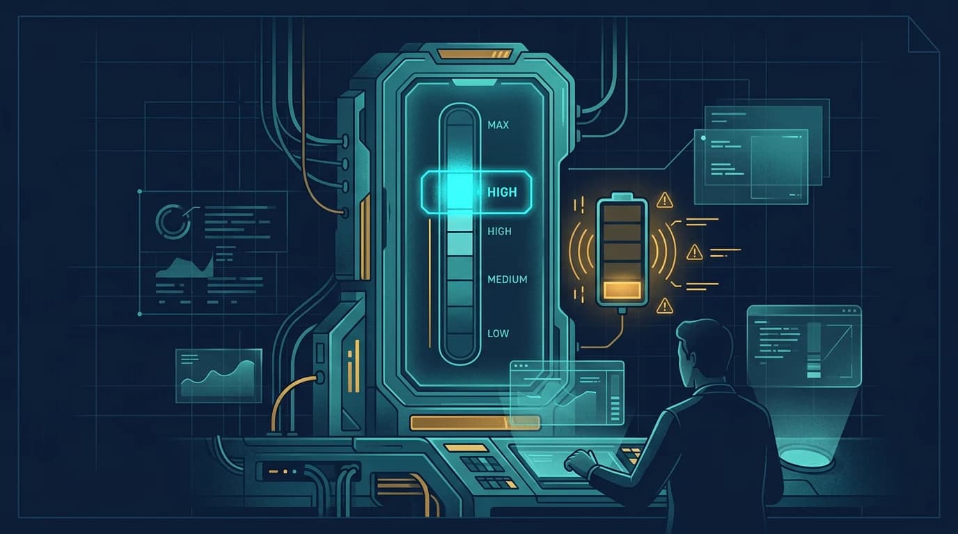 Editorial illustration of reasoning-depth controls in Antigravity: a thinking-level gauge inside an agent workspace with quota and warning elements.