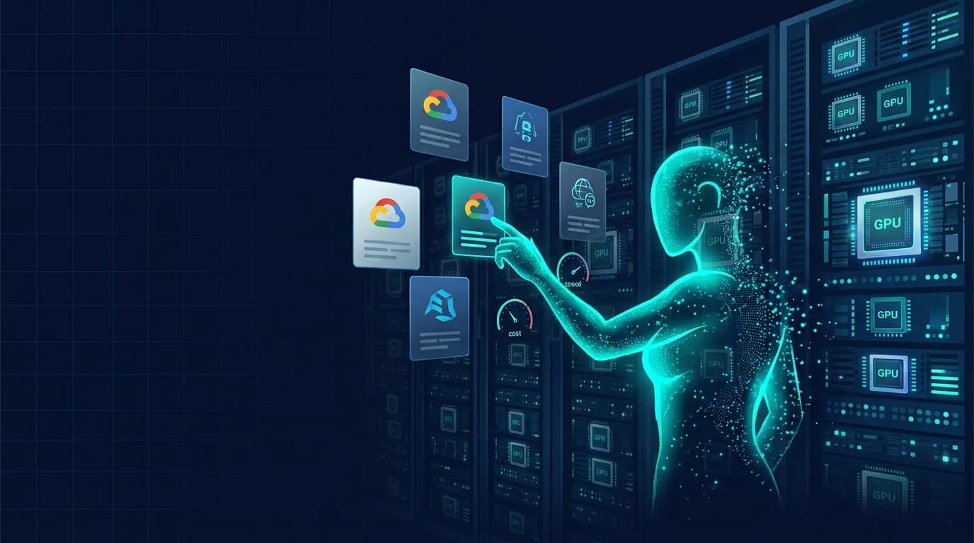 Illustration comparing GPU cloud providers with an AI agent selecting compute
