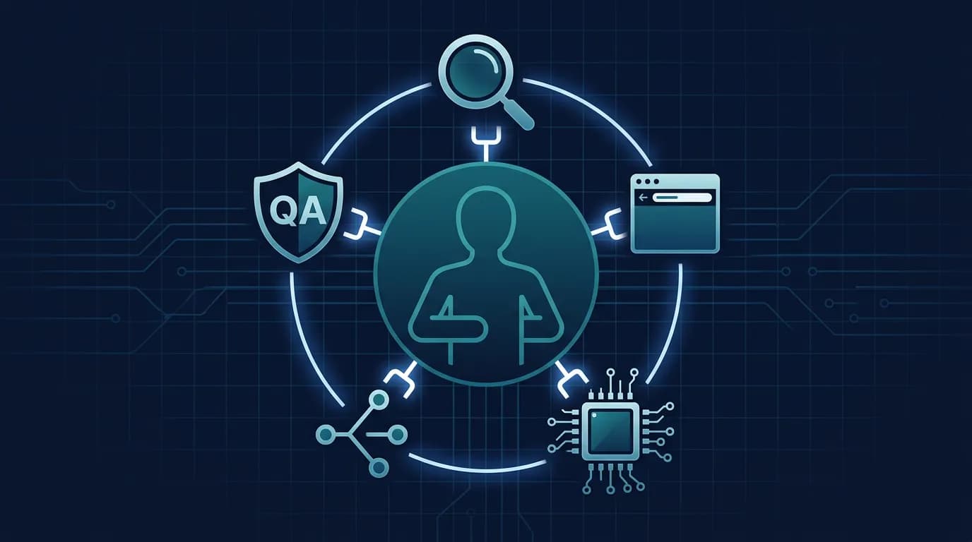 Illustration of a central Claude Code agent surrounded by plug-in MCP server modules for search, browser, memory, graph, and QA, connected by glowing sockets