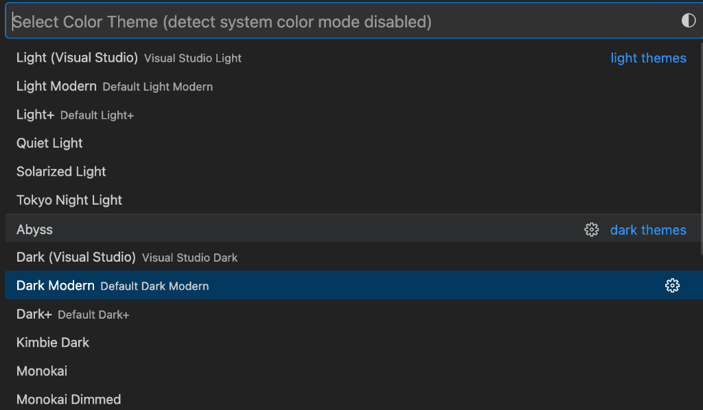 Selecting a built-in color theme