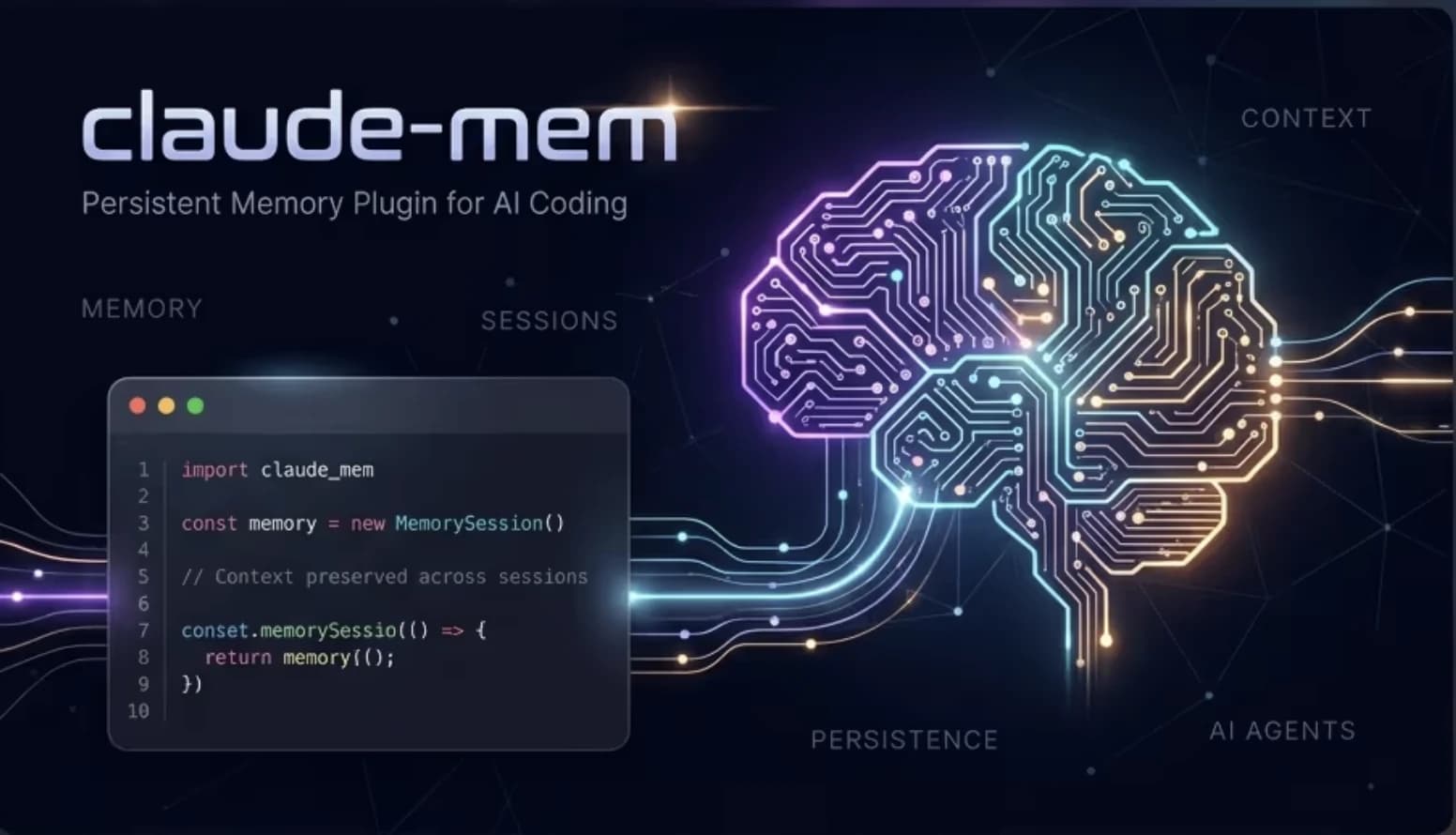 Claude-Mem: Persistent Memory Plugin for AI Coding — A glowing neural-circuit brain connected to a code editor with flowing data streams representing context preservation across coding sessions