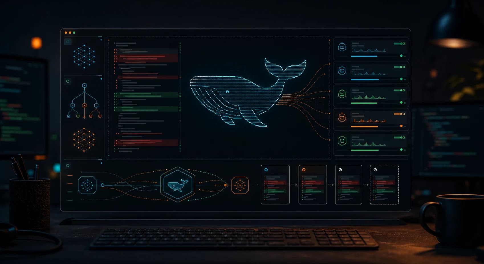 CodeWhale guide hero showing a Rust terminal coding agent, DeepSeek V4 routing, sub-agents, and a local code workspace