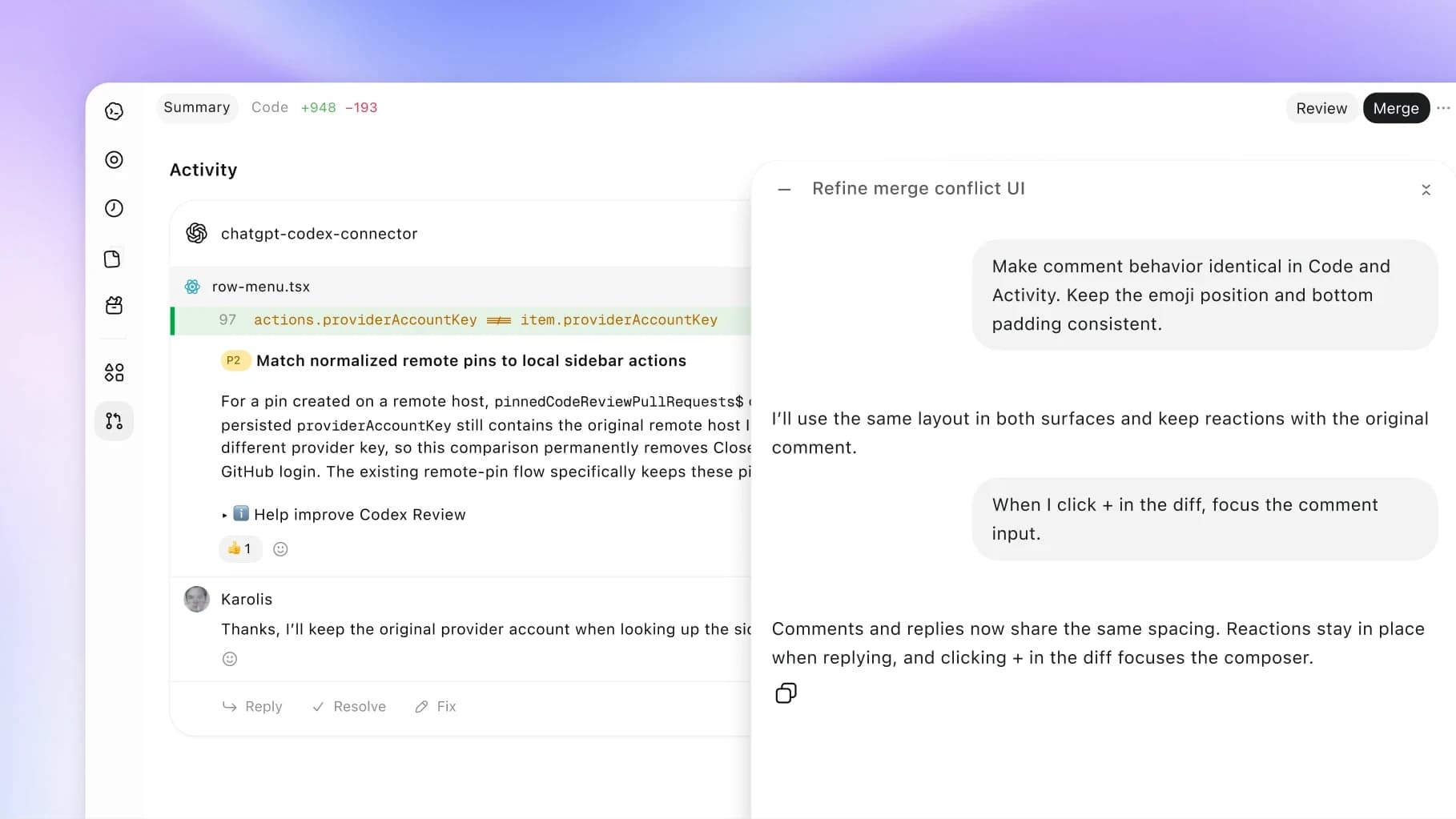 Official Codex code review interface showing a discussion of a code change