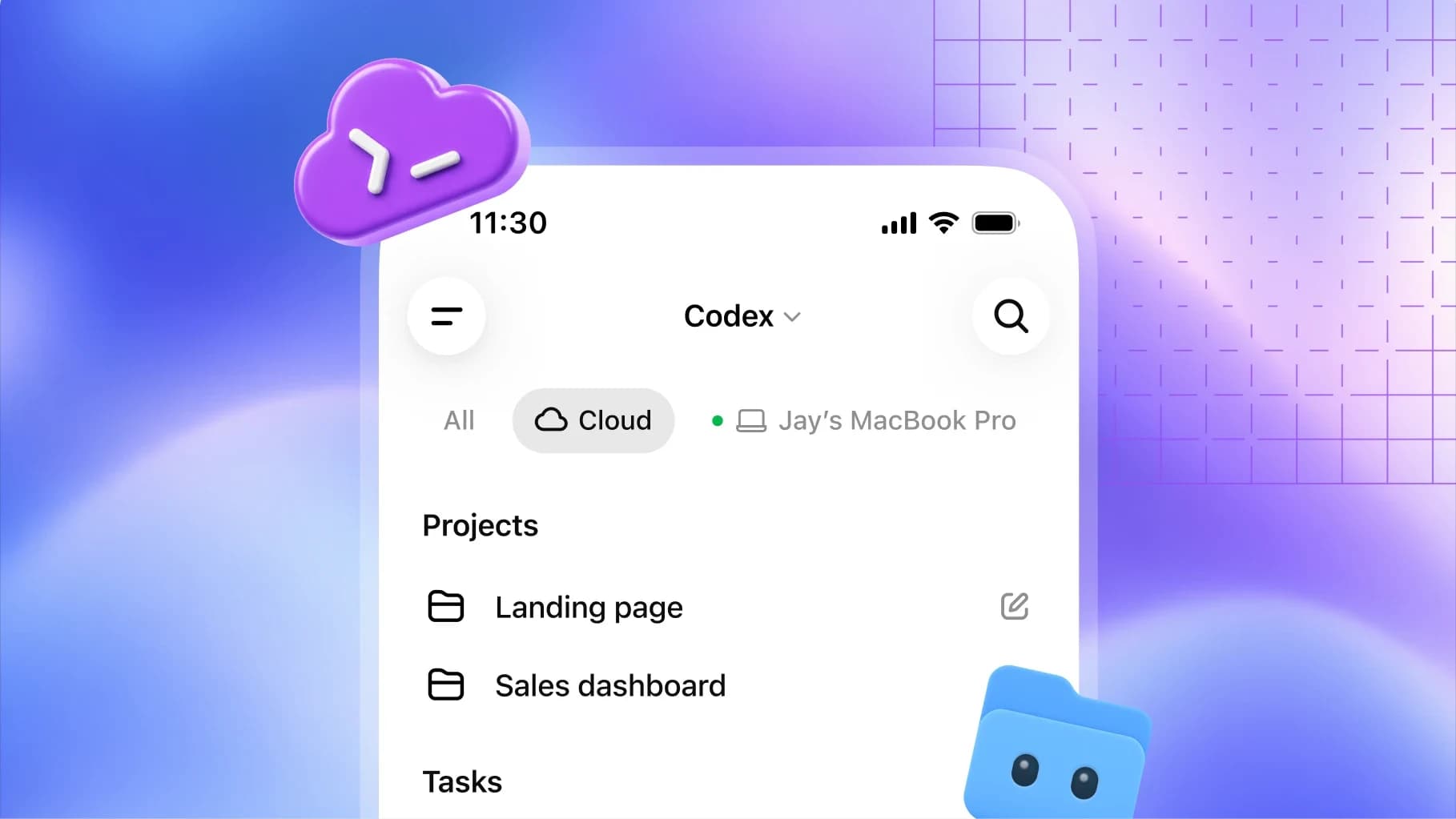 Official Codex cloud projects interface with a purple cloud icon