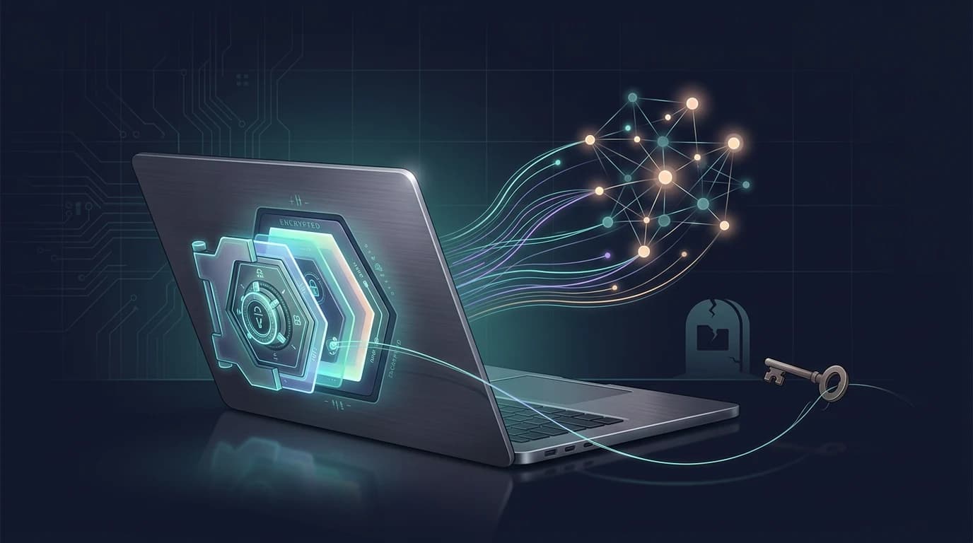Engram: an encrypted vault built into a laptop, with memory threads flowing into a knowledge graph