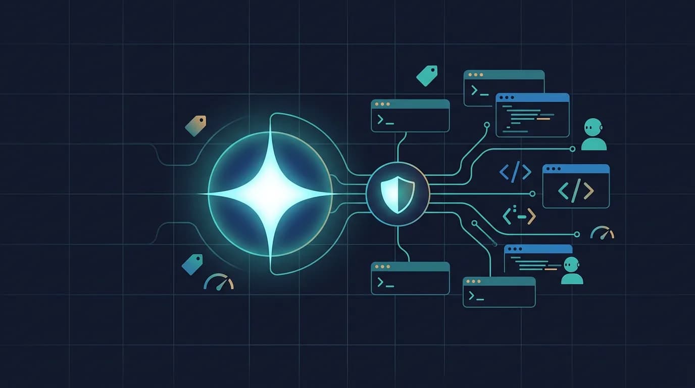 Editorial illustration of a glowing Gemini model chip streaking with speed lines, surrounded by Google-color accent nodes.