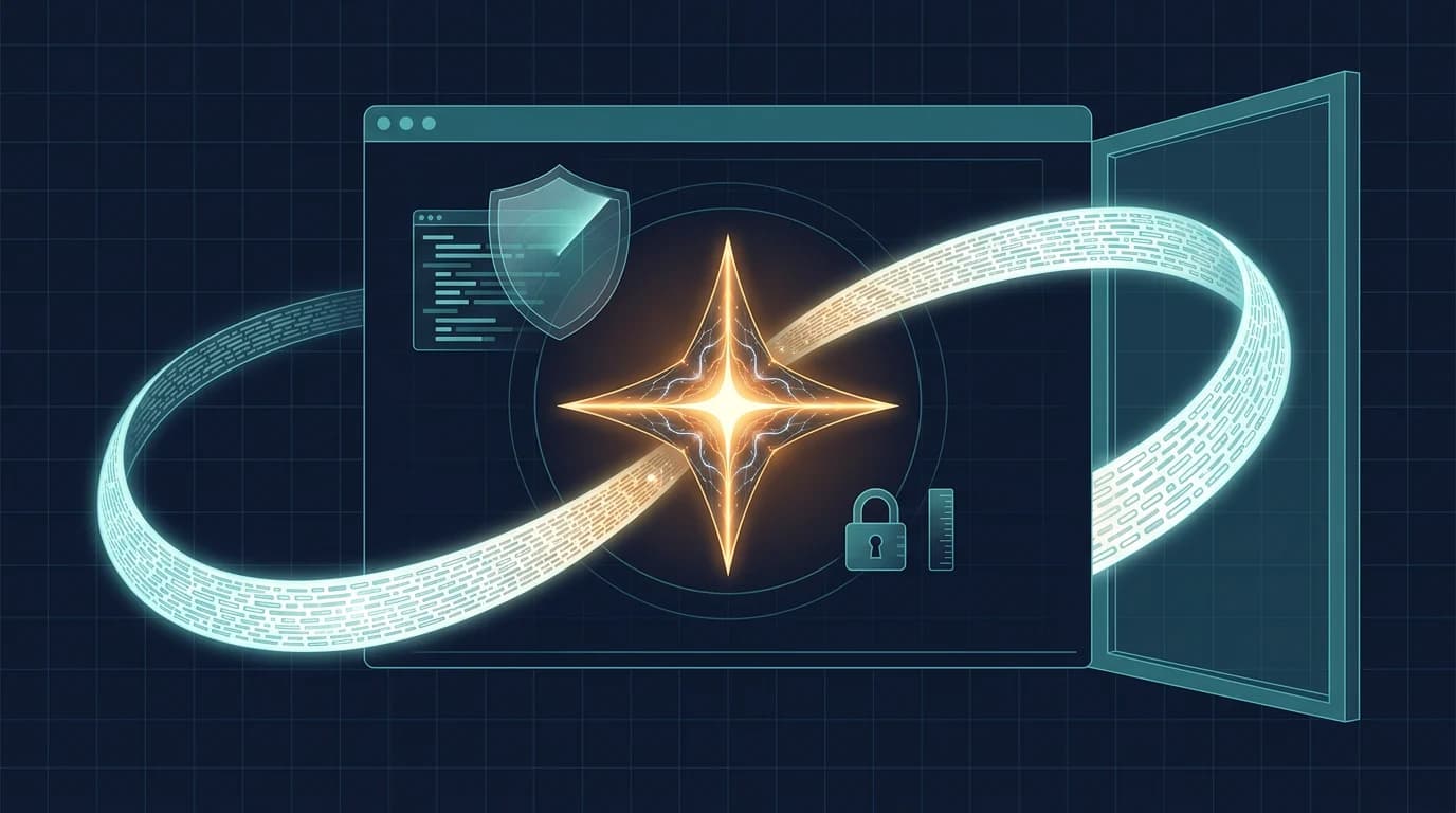 Editorial illustration of a glowing model core emitting a very long ribbon of tokens that overflows a wide open output window, with a translucent shield scanning a stack of code repository bars.