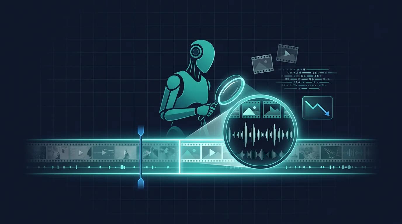 Editorial illustration of an AI agent inspecting a video timeline, selecting frames with a playhead while audio waveforms play beside it.
