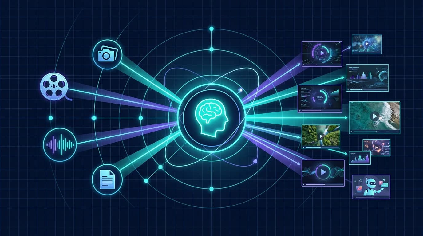 Editorial illustration of a multimodal model connecting photos, video, audio, and text inputs to generated video frames
