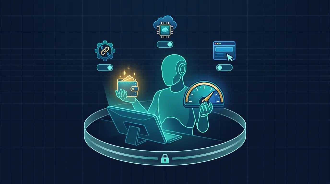 Illustration of an AI agent at a terminal holding a wallet and a spend-limit gauge, with paid APIs and compute behind small gates, ringed by a locked guardrail