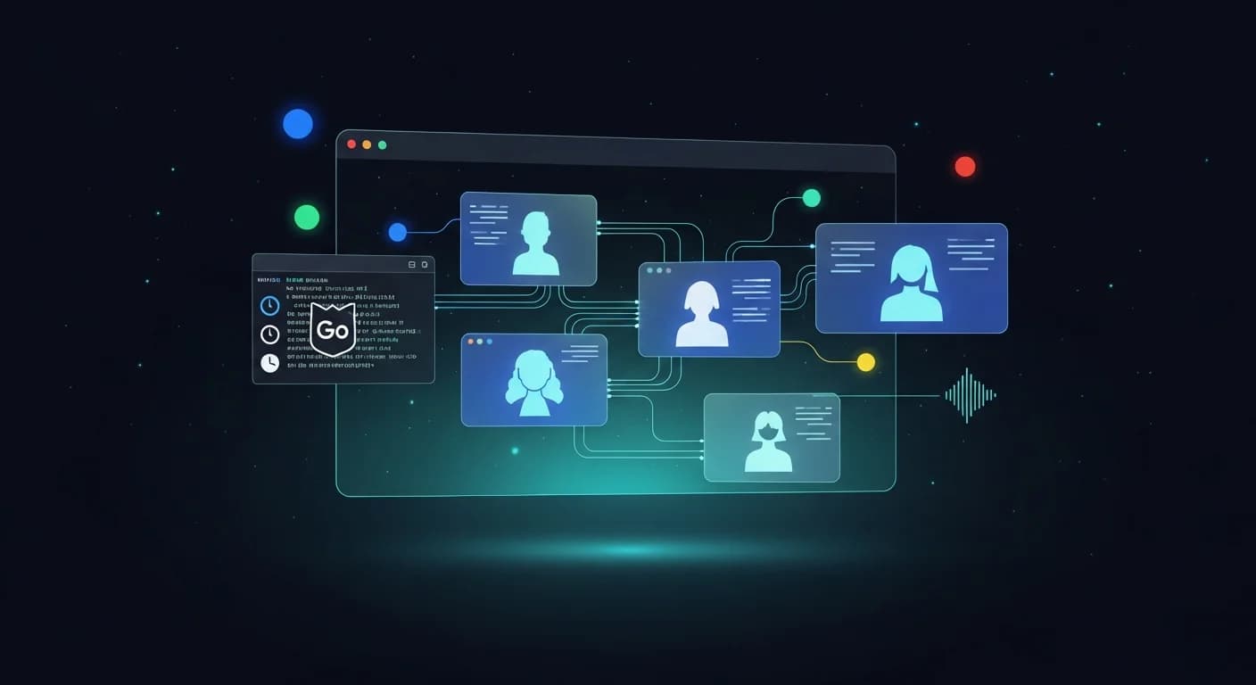 Editorial illustration of the Antigravity 2.0 desktop app: multi-agent teams running in parallel, a Go-based CLI window, scheduled task clock icons, and a voice waveform — set against a dark navy starfield.