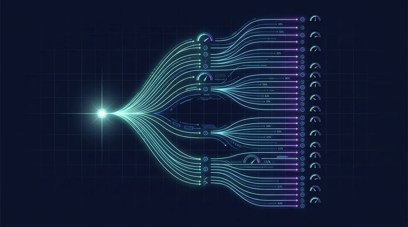 Editorial illustration of a glowing branching decision tree: dozens of parallel probability paths flowing from a single bright node through choice gates to confidence gauges.