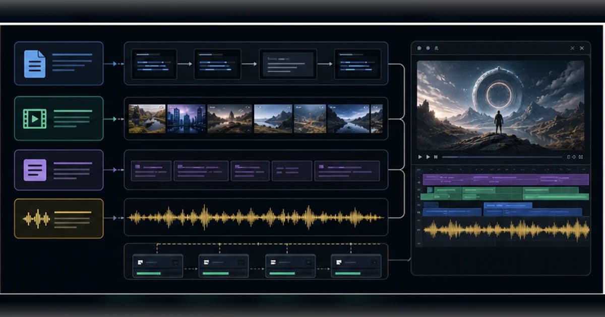 MoneyPrinterTurbo guide hero showing an AI short video pipeline with scripts, stock footage, subtitles, voice waveform, and render queue