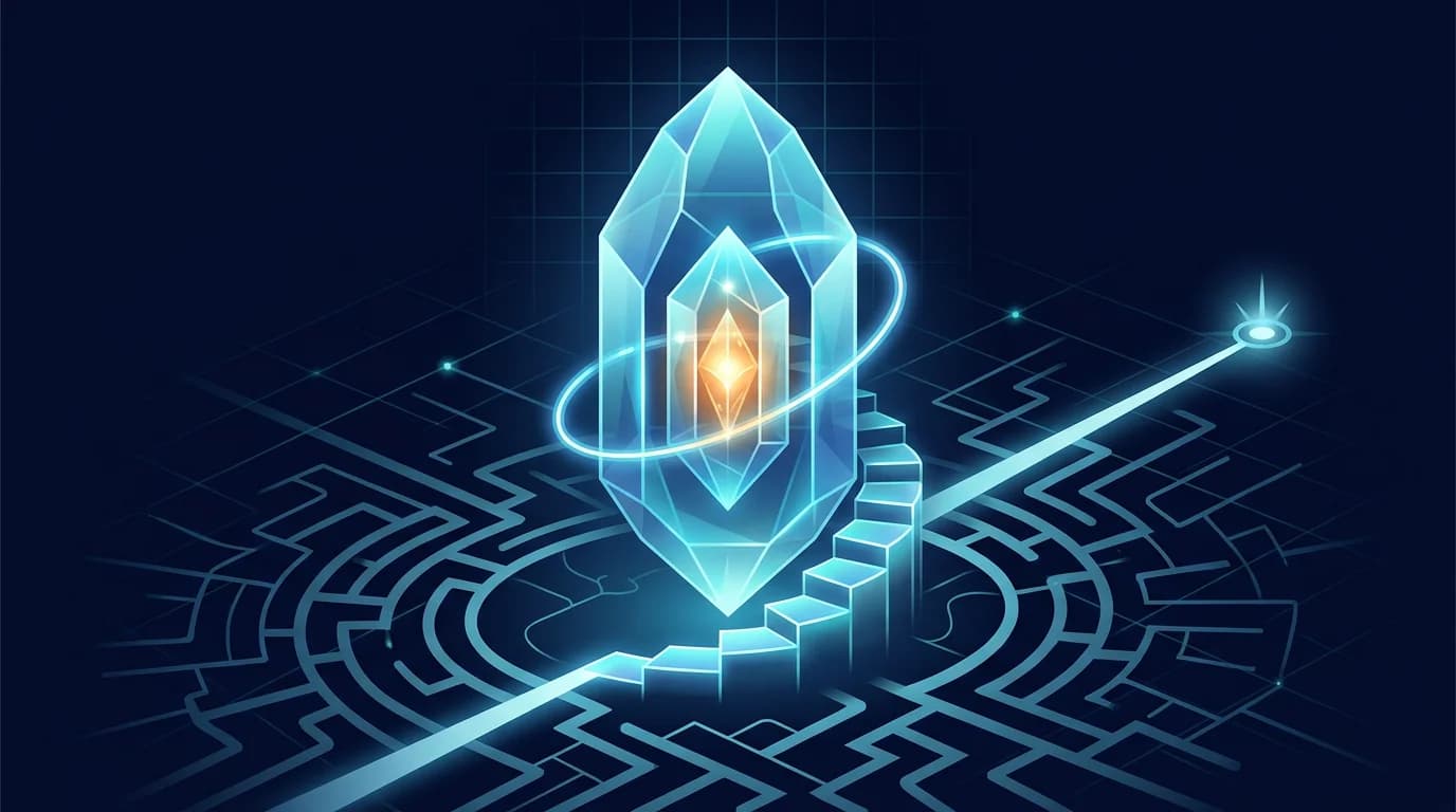 A glowing faceted crystal with an orange gem at its core, ringed by a luminous halo, rises from a circular maze with a spiral staircase and a bright path leading to a distant glowing goal on a dark blue background.