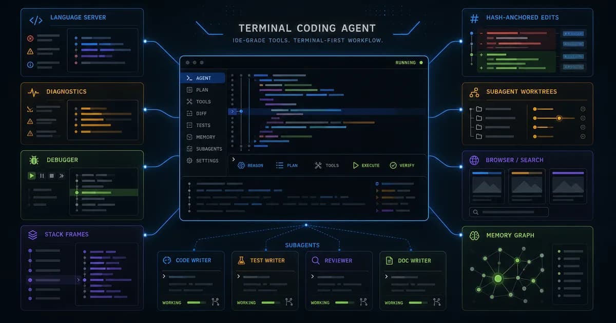 Oh My Pi guide hero showing a terminal coding agent wired to LSP, debugger, browser, subagents, and provider routing
