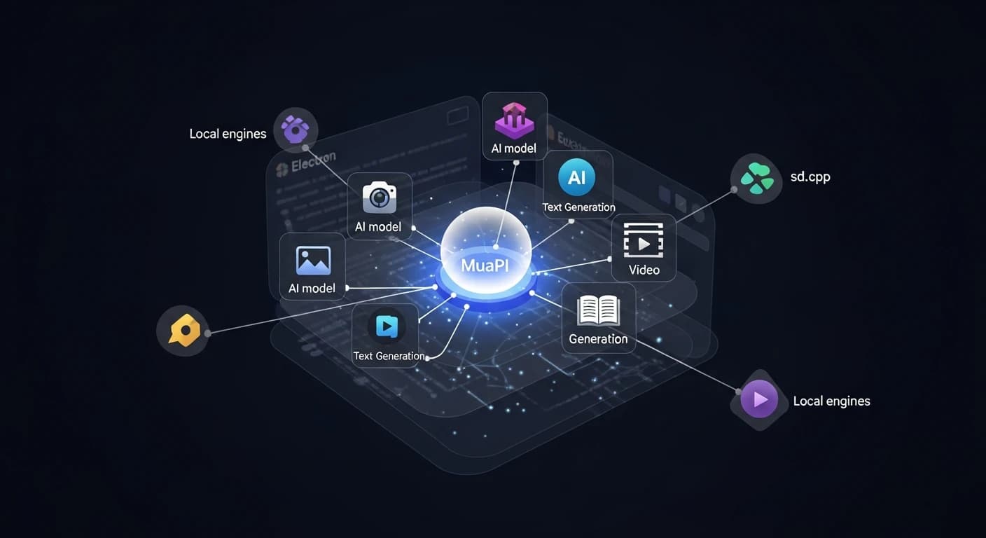 Editorial hero illustration for Open-Generative-AI — a unified hub interface with multiple AI model icons connected to a central node and satellite local engines