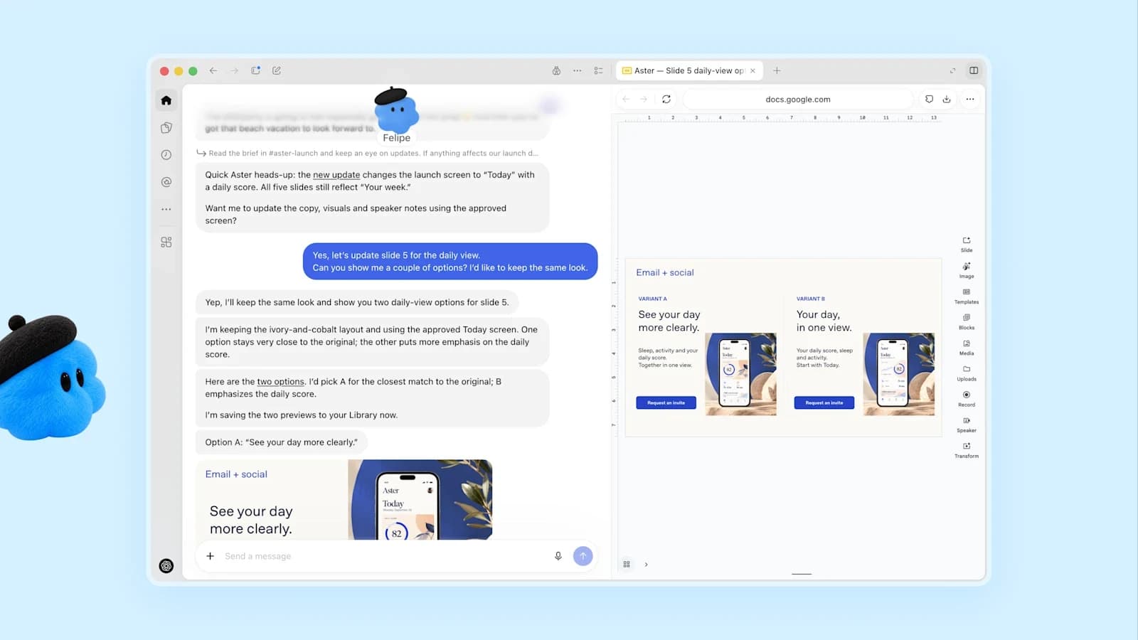 Official dots carousel image: a named dot revising launch materials beside email and social design options