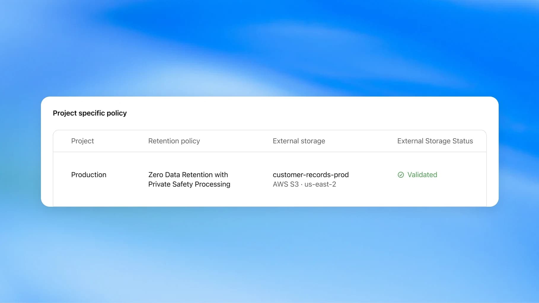 Official screenshot of a project-specific policy table showing Zero Data Retention with Private Safety Processing and validated external storage