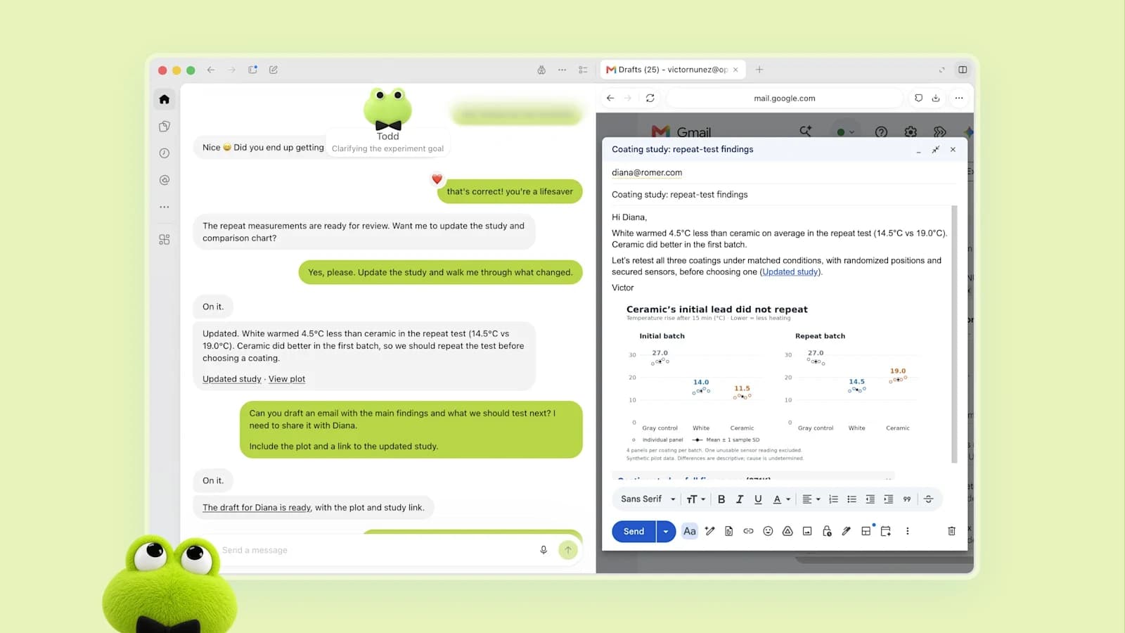 Official dots carousel image: green dot Todd discusses repeat test findings beside an email draft and comparison chart
