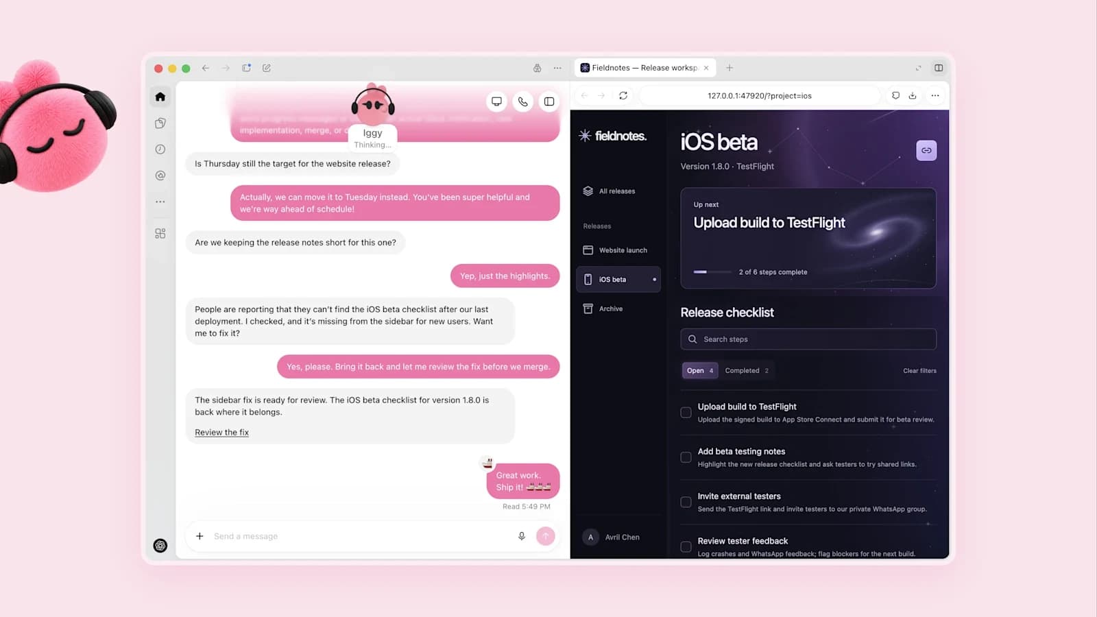 Official dots carousel image: pink dot Iggy prepares an iOS beta checklist fix beside a release workspace