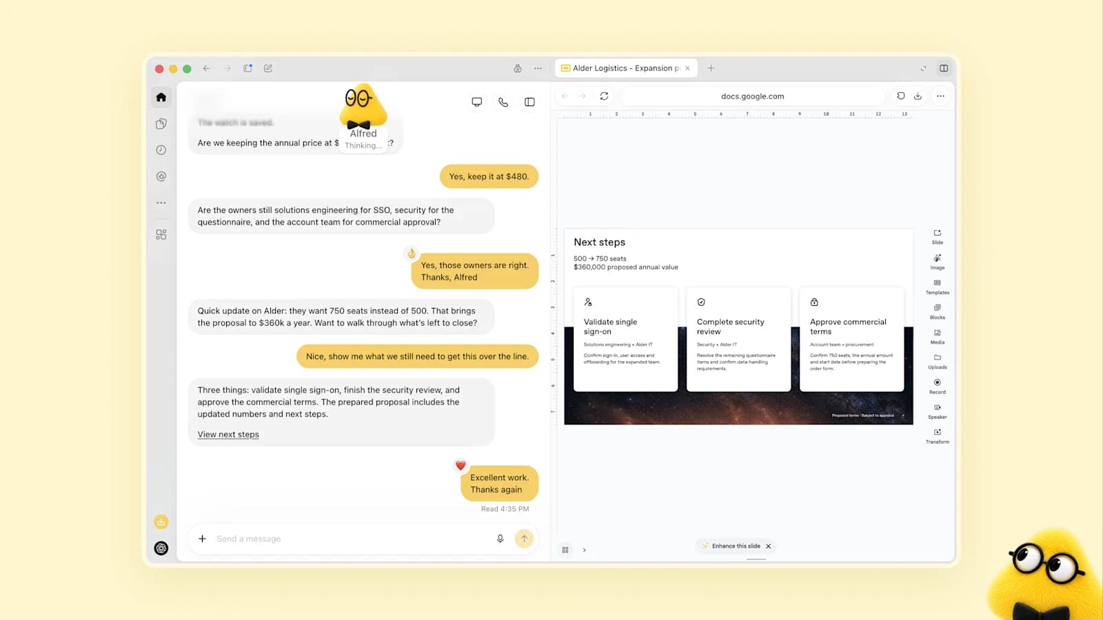 Official dots carousel image: yellow dot Alfred discusses an enterprise proposal beside a document listing steps to close the deal