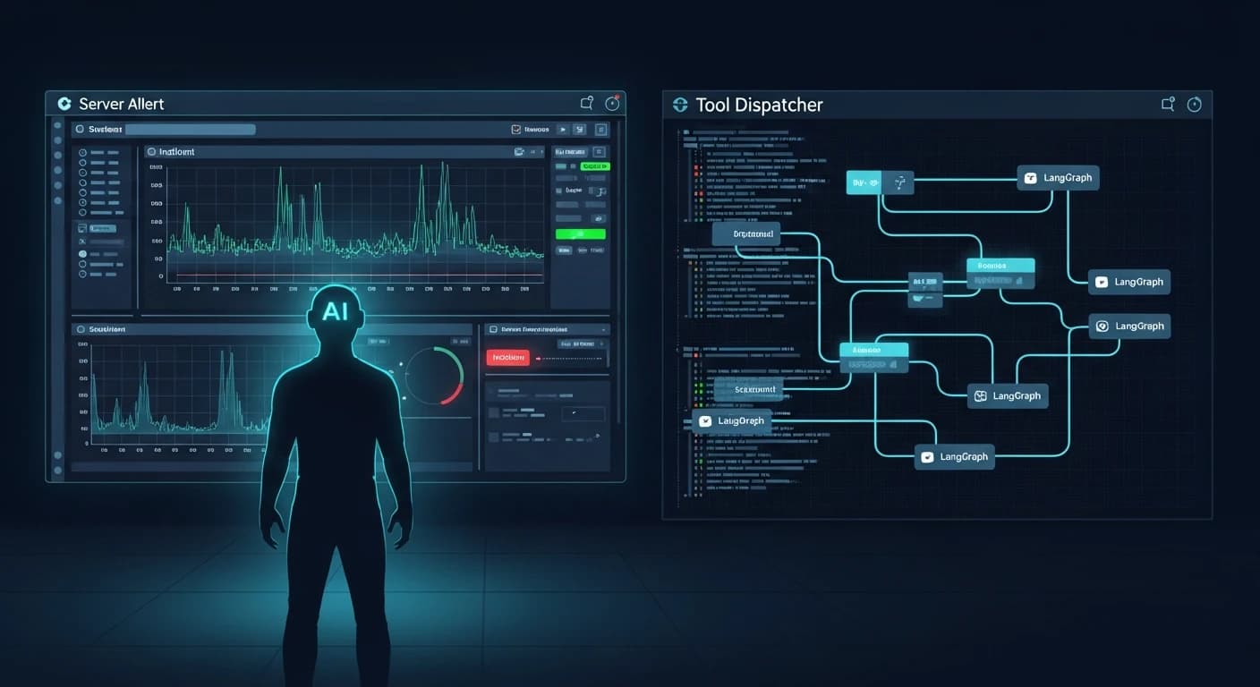 Editorial hero illustration for OpenSRE — an AI agent silhouette investigating a glowing server alert dashboard with branching tool dispatcher paths